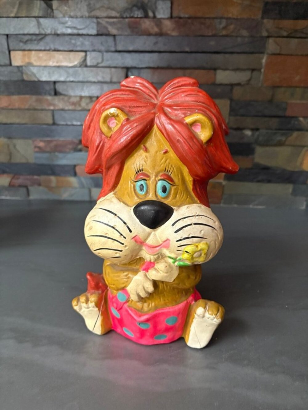 Vintage Chalkware Lion Piggy Bank Japan Black Light Psychedelic